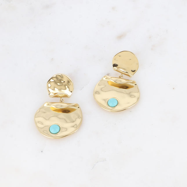 Dangle earrings - double round piece, hammered and natural stone