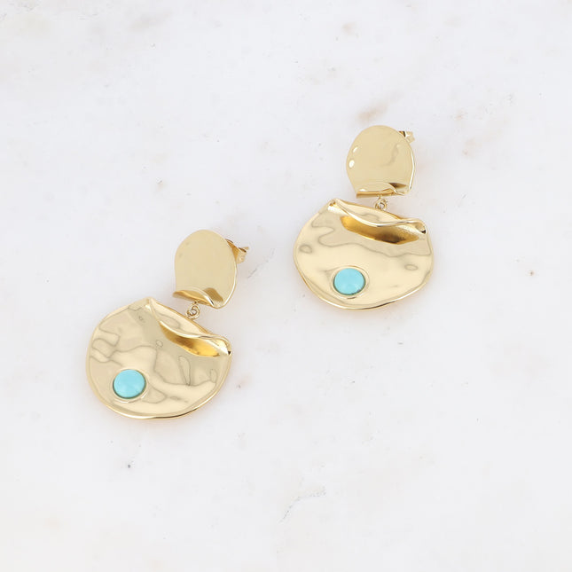 Dangle earrings - double round piece, hammered and natural stone