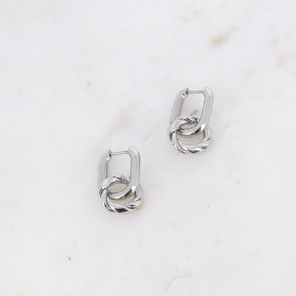 Creole earrings - round twisted ring pendant, smooth and grooved