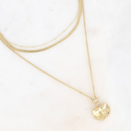 Collier 3 rangs - maille miroir, forçat avec boules, gourmette fine, anneau et barre, pièce recourbée et martelée