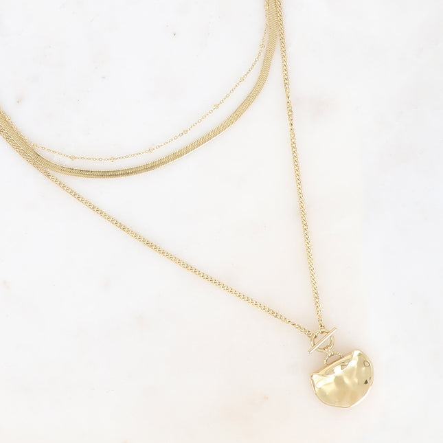 Three-strand necklace - mirror link, curb chain with beads, fine curb chain, ring and bar, curved and hammered piece