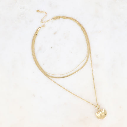 Collier 3 rangs - maille miroir, forçat avec boules, gourmette fine, anneau et barre, pièce recourbée et martelée
