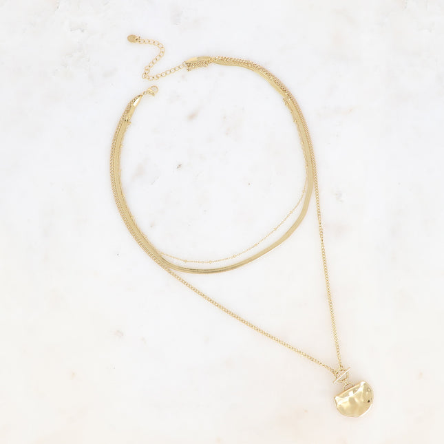 Three-strand necklace - mirror link, curb chain with beads, fine curb chain, ring and bar, curved and hammered piece
