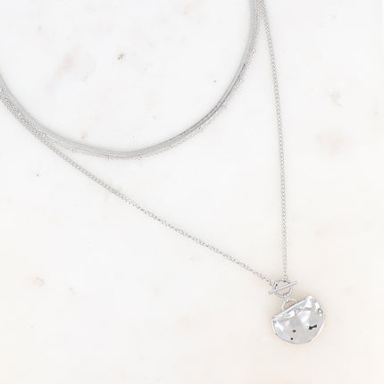 Collier 3 rangs - maille miroir, forçat avec boules, gourmette fine, anneau et barre, pièce recourbée et martelée