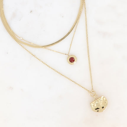 Collier 3 rangs - maille gourmette fine, pièce recourbée et martelée, pierre naturelle