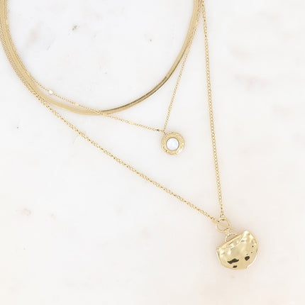 Collier 3 rangs - maille gourmette fine, pièce recourbée et martelée, pierre naturelle