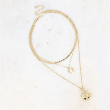 Collier 3 rangs - maille gourmette fine, pièce recourbée et martelée, pierre naturelle
