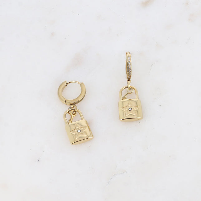 Créoles Cadina - oxydes de zirconium, clef, cadenas avec étoile sertie d'oxydes de zirconium