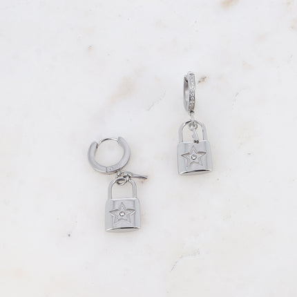 Créoles Cadina - oxydes de zirconium, clef, cadenas avec étoile sertie d'oxydes de zirconium