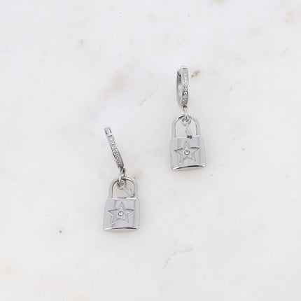 Créoles Cadina - oxydes de zirconium, clef, cadenas avec étoile sertie d'oxydes de zirconium