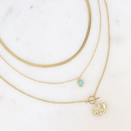 Collier 3 rangs Sierra - motif anneau et barre, feuille de ginko et pierre naturelle ovale