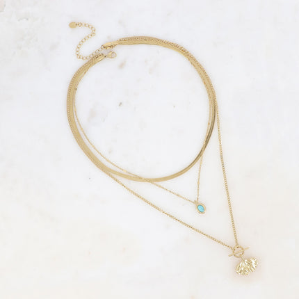 Collier 3 rangs Sierra - motif anneau et barre, feuille de ginko et pierre naturelle ovale