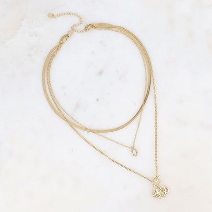 Collier 3 rangs Sierra - motif anneau et barre, feuille de ginko et pierre naturelle ovale