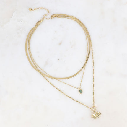 Collier 3 rangs Sierra - motif anneau et barre, feuille de ginko et pierre naturelle ovale