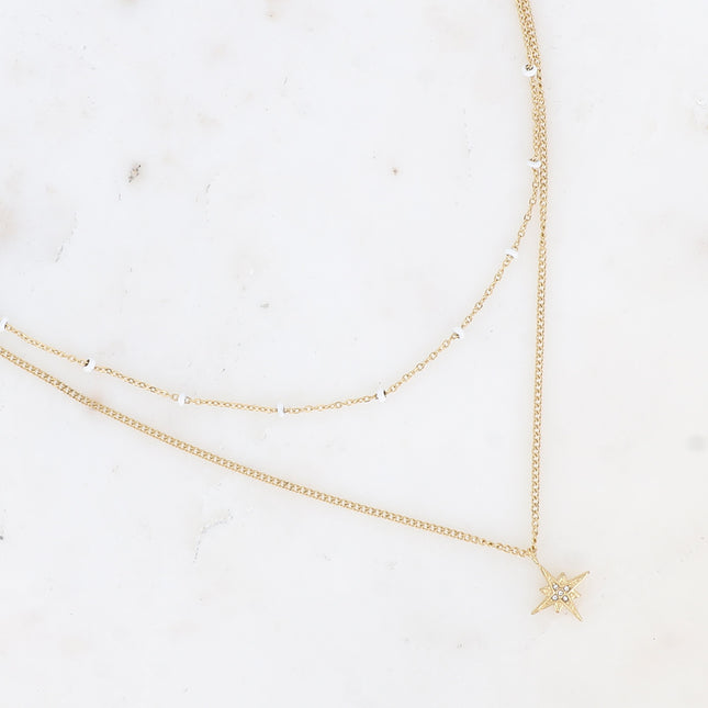 Collier 2 rangs - chaîne avec perles en émail et pendentif étoile avec oxydes de zirconium