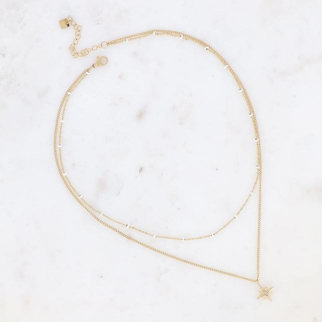 Collier 2 rangs - chaîne avec perles en émail et pendentif étoile avec oxydes de zirconium