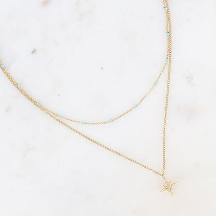 Collier 2 rangs - chaîne avec perles en émail et pendentif étoile avec oxydes de zirconium