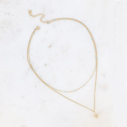 Collier 2 rangs - chaîne avec perles en émail et pendentif étoile avec oxydes de zirconium