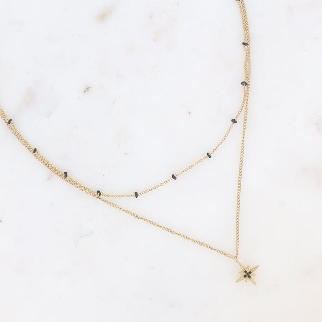 Two-strand necklace - chain with enamel beads and star pendant with cubic zirconia