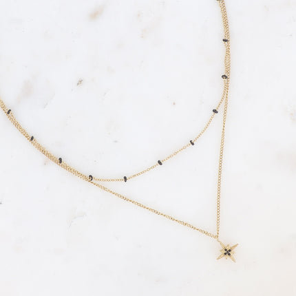 Collier 2 rangs - chaîne avec perles en émail et pendentif étoile avec oxydes de zirconium