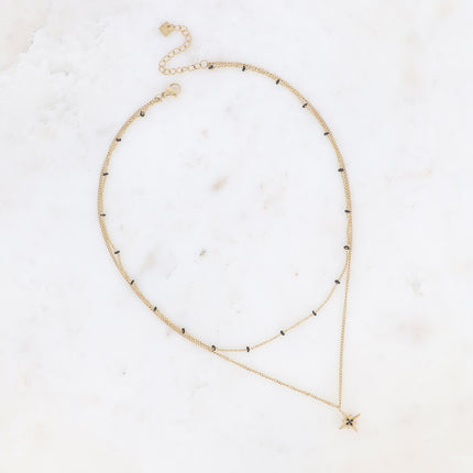 Collier 2 rangs - chaîne avec perles en émail et pendentif étoile avec oxydes de zirconium