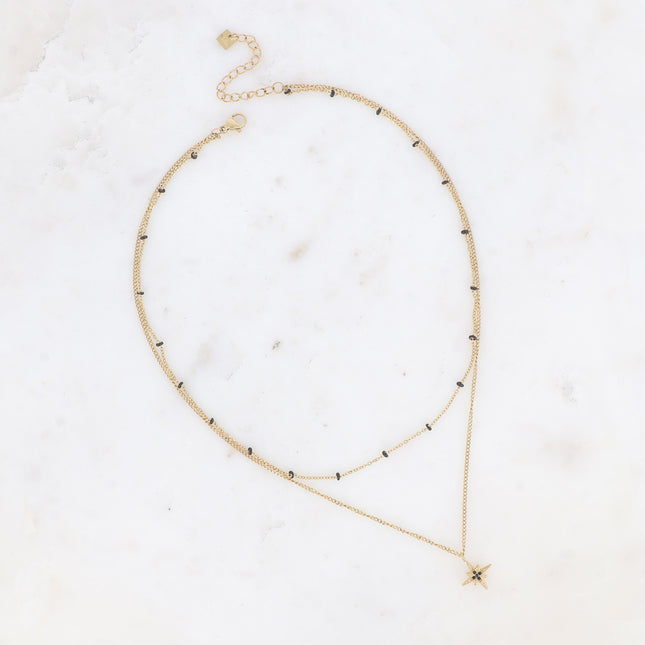 Two-strand necklace - chain with enamel beads and star pendant with cubic zirconia