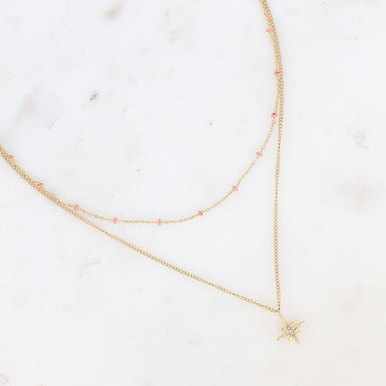 Collier 2 rangs - chaîne avec perles en émail et pendentif étoile avec oxydes de zirconium