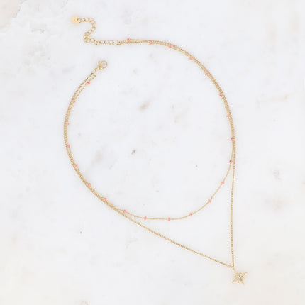 Collier 2 rangs - chaîne avec perles en émail et pendentif étoile avec oxydes de zirconium