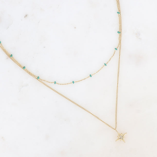 Collier 2 rangs - chaîne avec perles en émail et pendentif étoile avec oxydes de zirconium