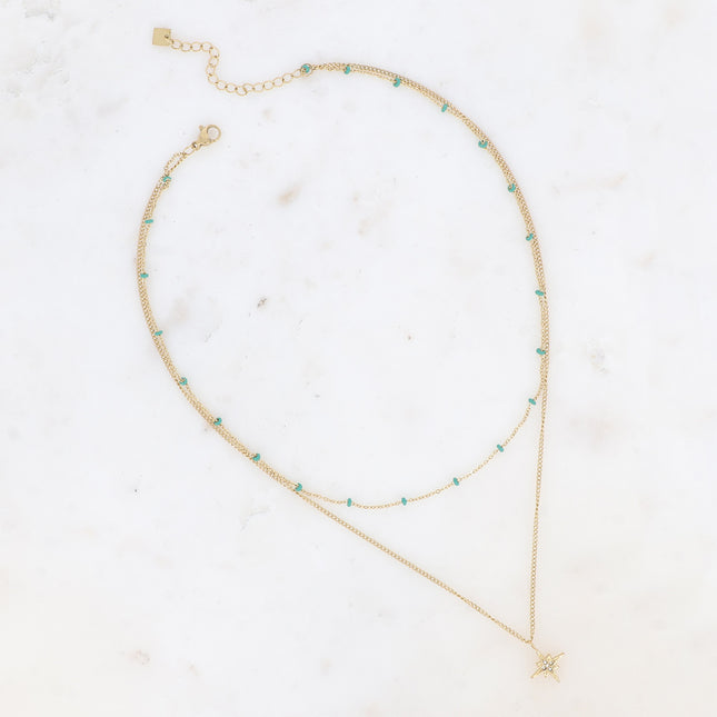 Collier 2 rangs - chaîne avec perles en émail et pendentif étoile avec oxydes de zirconium