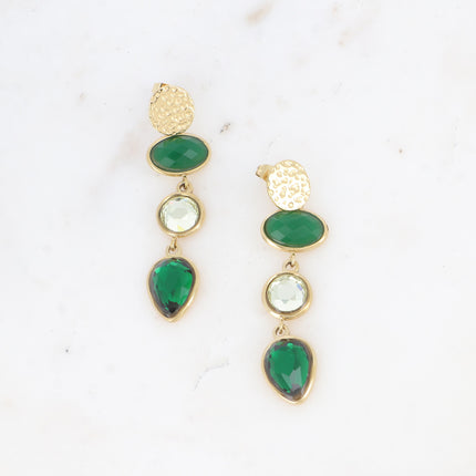 Boucles pendantes Romane - 3 cabochons cristal et pierre naturelle