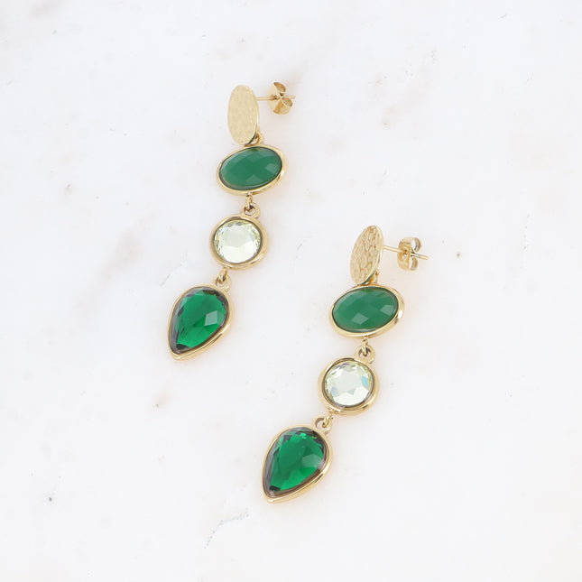 Boucles pendantes Romane - 3 cabochons cristal et pierre naturelle