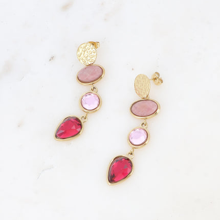 Boucles pendantes Romane - 3 cabochons cristal et pierre naturelle