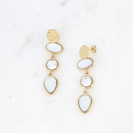 Boucles pendantes Romane - 3 cabochons cristal et pierre naturelle