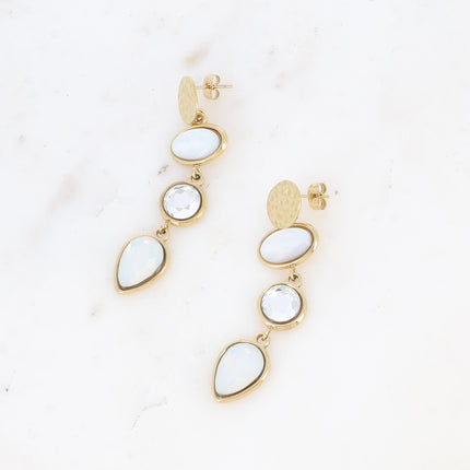 Boucles pendantes Romane - 3 cabochons cristal et pierre naturelle