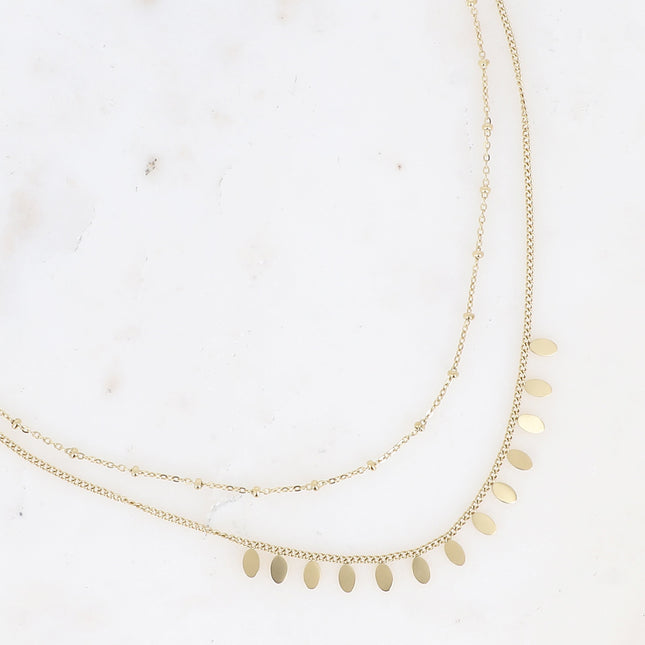 Erikoa Necklace - 2 strands, chain with flat oval beads and tassels