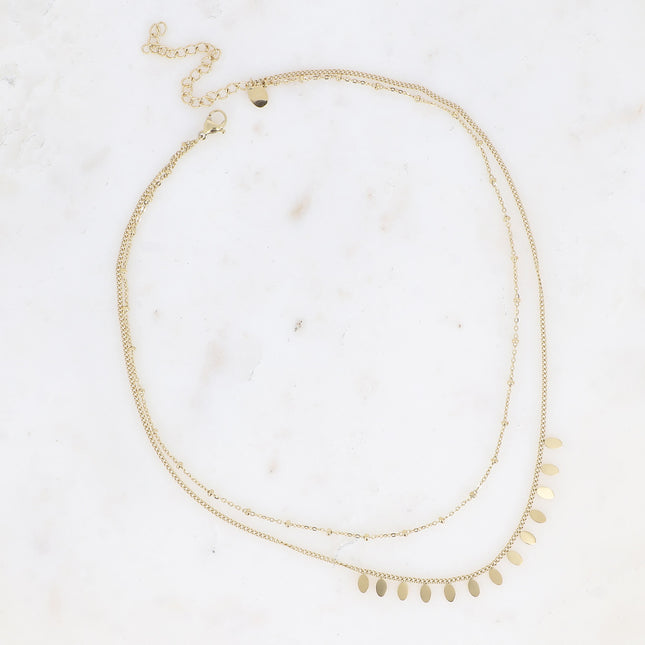 Erikoa Necklace - 2 strands, chain with flat oval beads and tassels
