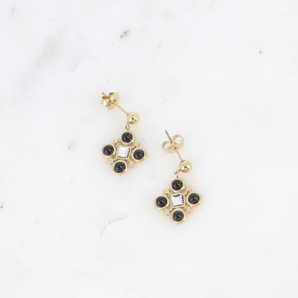 Dangle earrings - geometric pattern with natural stones and square-cut crystal