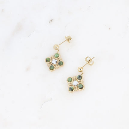 Dangle earrings - geometric pattern with natural stones and square-cut crystal