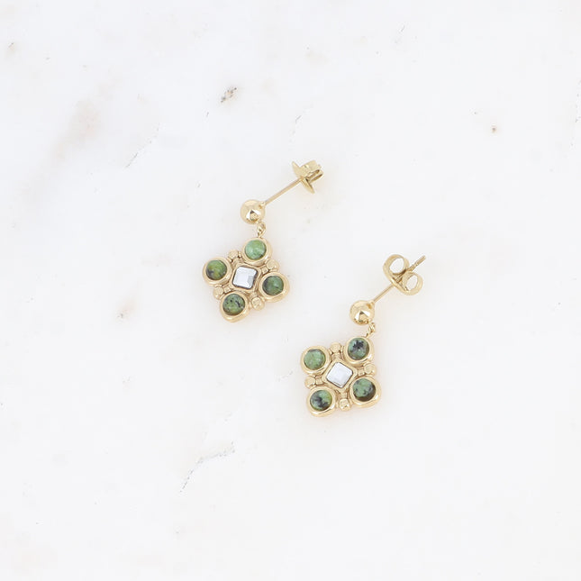 Dangle earrings - geometric pattern with natural stones and square-cut crystal