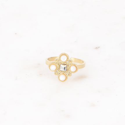 Bague - motif géométrique avec pierres naturelles et cristal taillé carré