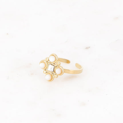 Bague - motif géométrique avec pierres naturelles et cristal taillé carré