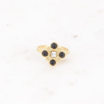 Bague - motif géométrique avec pierres naturelles et cristal taillé carré