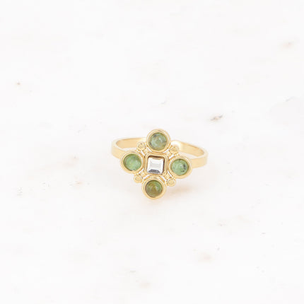 Bague - motif géométrique avec pierres naturelles et cristal taillé carré