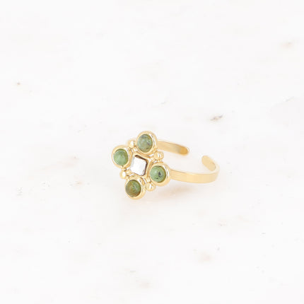 Bague - motif géométrique avec pierres naturelles et cristal taillé carré
