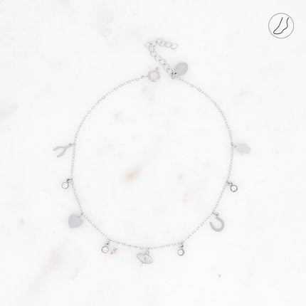 Chevillère Débora - symboles porte-bonheur (main, fer à cheval, oeil, coeur et wishbone)