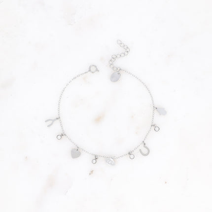 Bracelet Débora - symboles porte-bonheur (main, fer à cheval, oeil, coeur et wishbone)