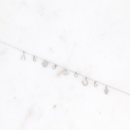 Bracelet Débora - symboles porte-bonheur (main, fer à cheval, oeil, coeur et wishbone)