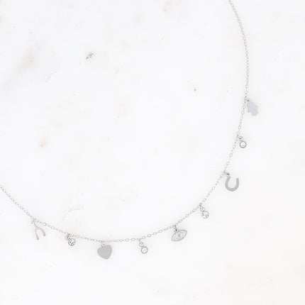 Collier Débora - symboles porte-bonheur (main, fer à cheval, oeil, coeur et wishbone)