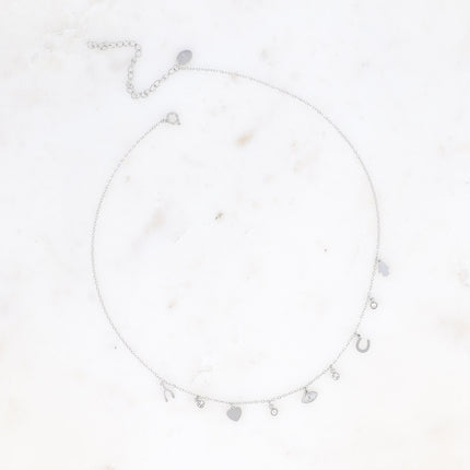 Collier Débora - symboles porte-bonheur (main, fer à cheval, oeil, coeur et wishbone)
